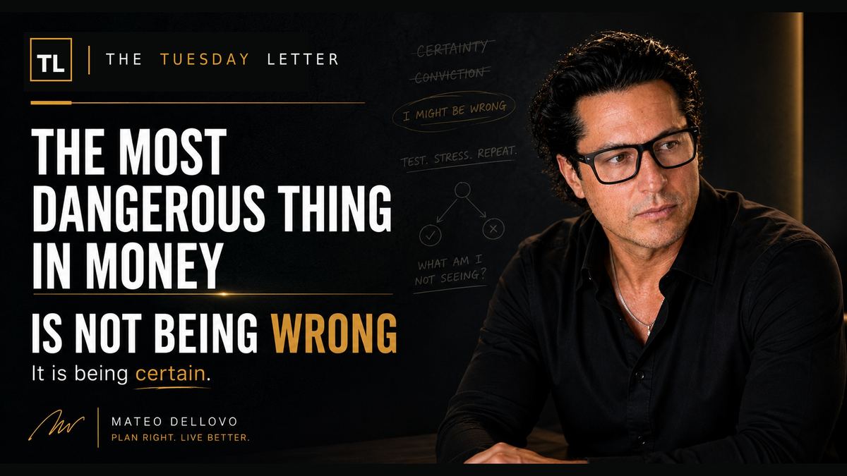 The Tuesday Letter: The most dangerous thing in money is not being wrong. It is being certain. Mateo Dellovo, Tuesday, June 16th, 2026.